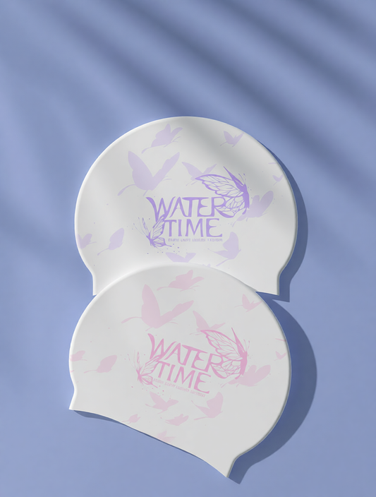Silicone Swim Cap with Butterfly Print - Water Time Design for Women and Girls