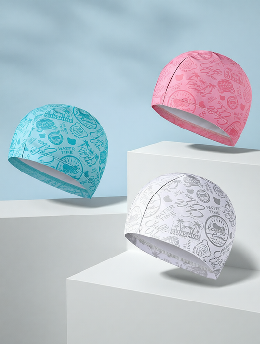 Polyester Swim Cap with Waterproof Print Design for Women and Girls