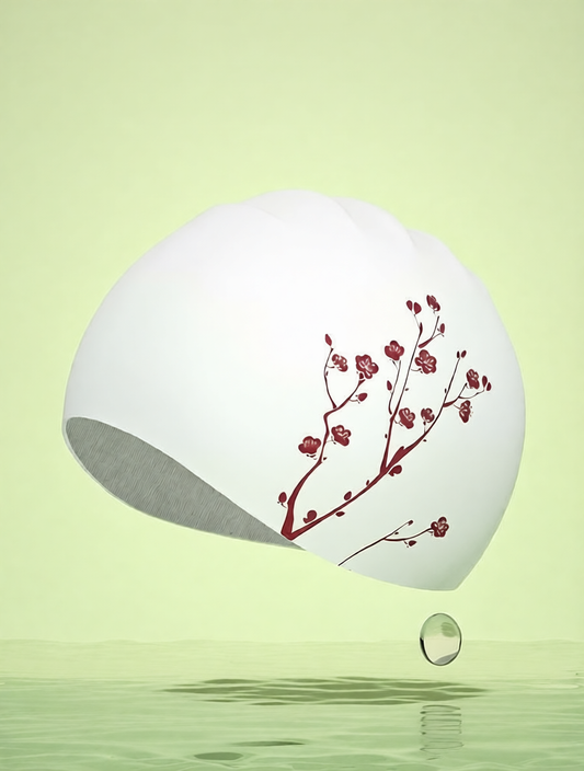 Cotton Blend Floral Swim Cap with Elegant Plum Blossom Design for Women