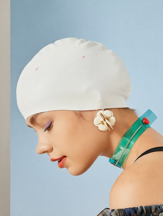 Silicone Swim Cap with Floral Ear Decor and Adjustable Strap
