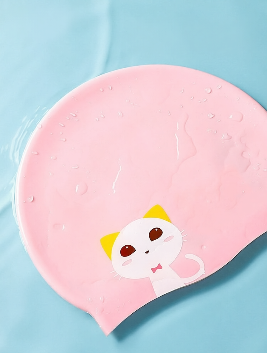 Silicone Swim Cap with Cute Animal Print - Soft, Waterproof, Anti-Slip for Kids and Adults