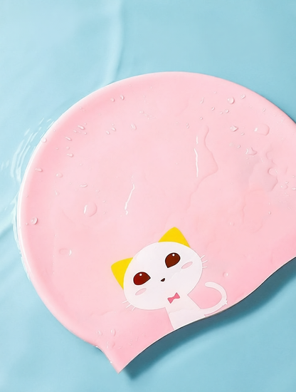 Silicone Swim Cap with Cute Animal Print - Soft, Waterproof, Anti-Slip for Kids and Adults