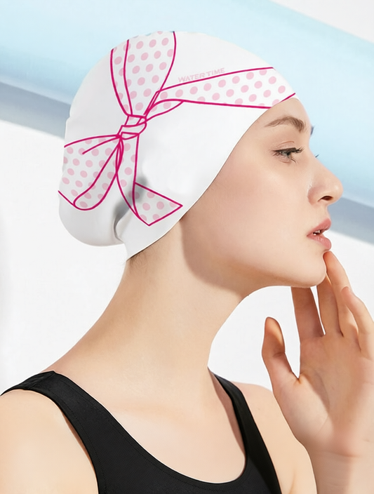 Silicone Swim Cap with Polka Dot Bow Design - Waterproof and Comfortable for Women