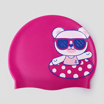 Silicone Swim Cap with Cute Animal Print - Soft, Waterproof, Anti-Slip for Kids and Adults